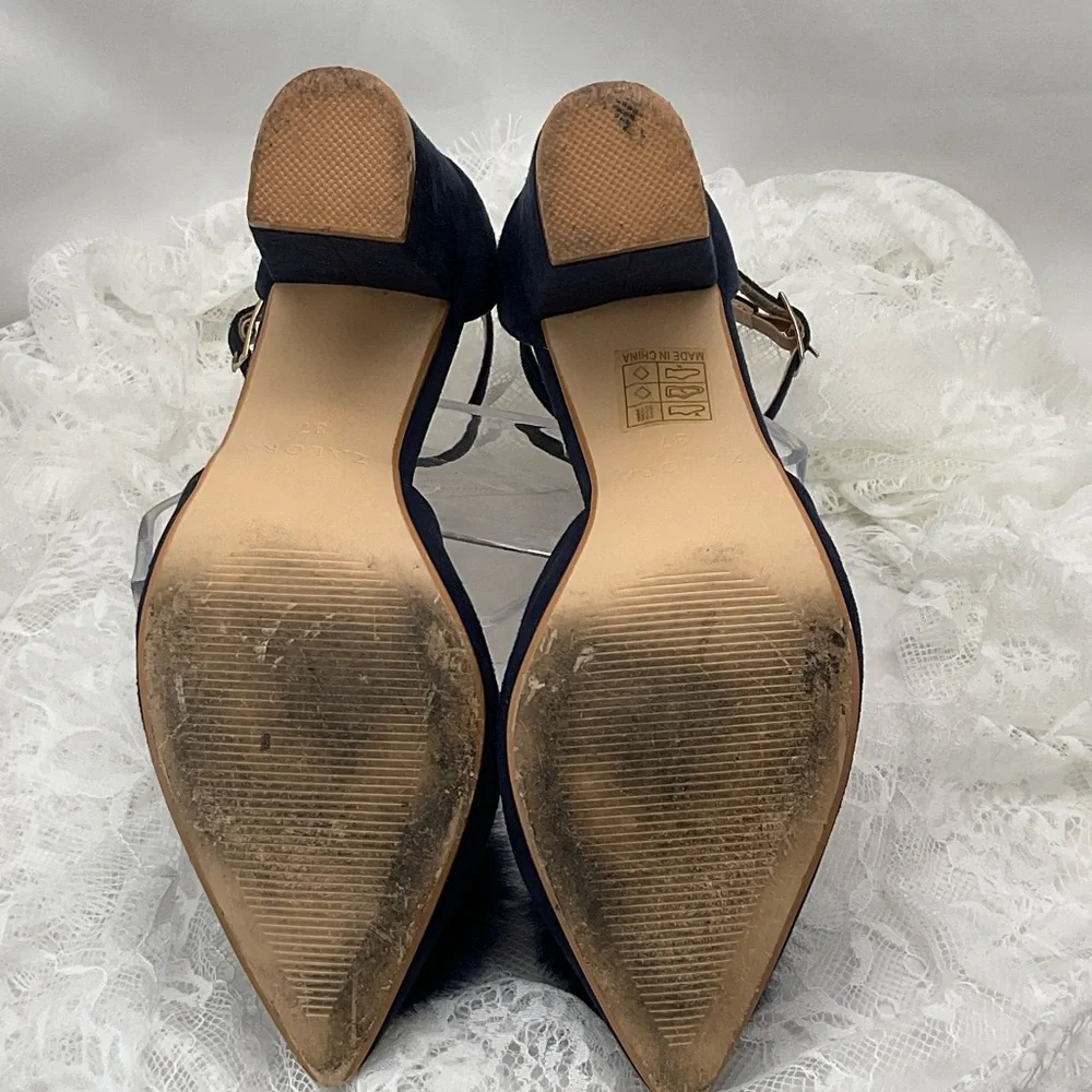 Zalore Women’s Sz6.5 Navy Blue Pointed-Toe Featuring Pom-Poms Women's Heels 0205